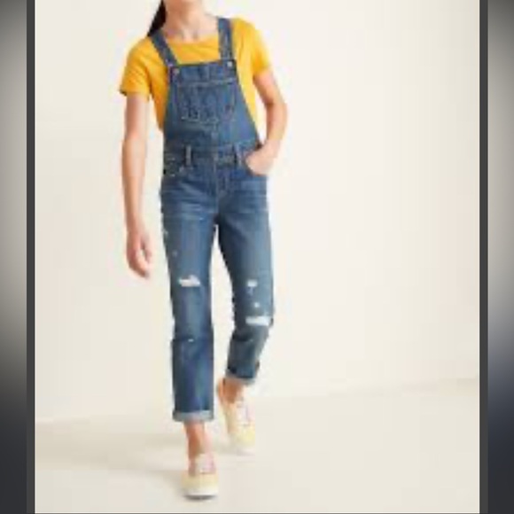 Distressed Roll-Cuff Jean Overalls for Girls | Old Navy - Picture 3 of 11